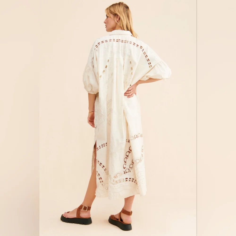 Free People Embroidery Oversized Button Front Kaftan Lace Dress NWOT